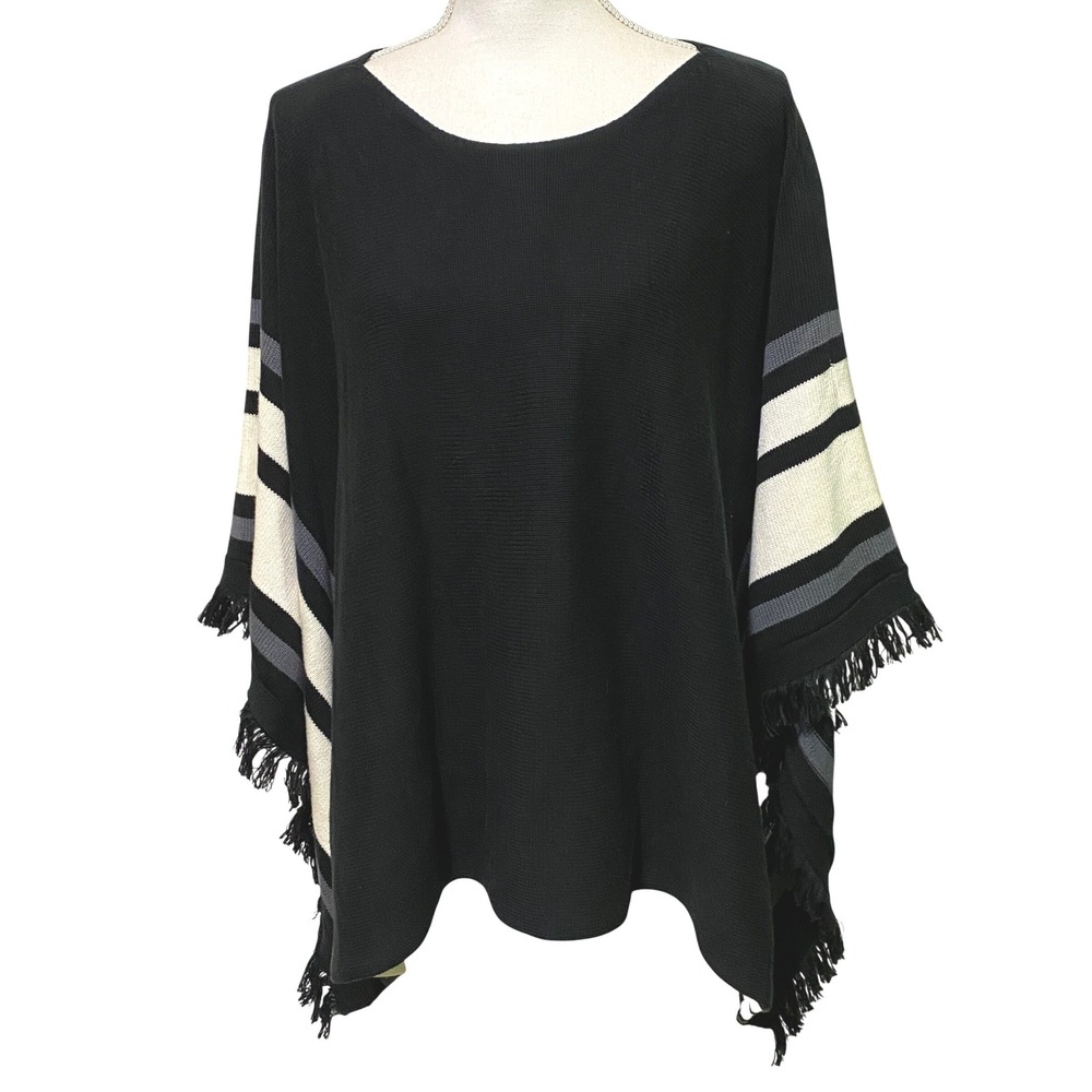 Vtg 90s Y2K Womens Striped Fringe Poncho Boho Chic‎ Equestrian Western Coastal